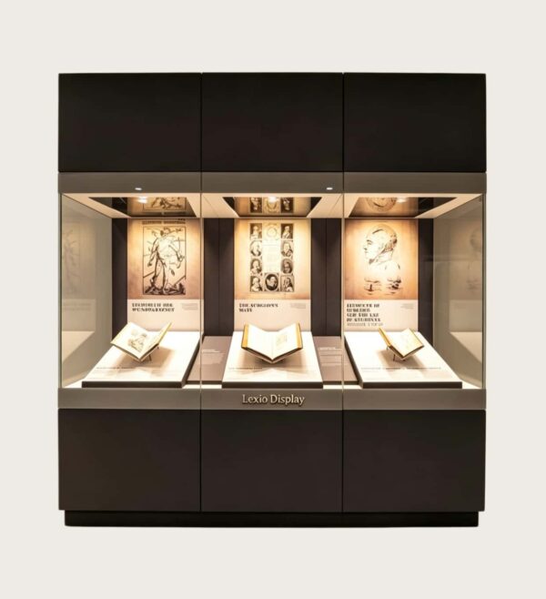Three-unit integrated wall museum display case with built-in LED lights Lexio Display for antique books, manuscripts and historical print exhibition