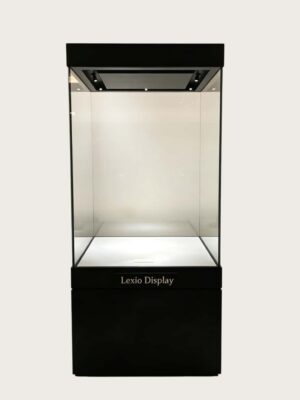 museum display cabinet (6) All-black integrated tall museum display vitrine with storage base and top recessed LED lights Lexio Display for mineral specimen and cultural relic exhibition