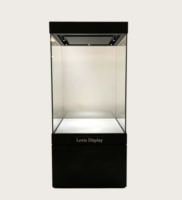museum display cabinet (6) All-black integrated tall museum display vitrine with storage base and top recessed LED lights Lexio Display for mineral specimen and cultural relic exhibition