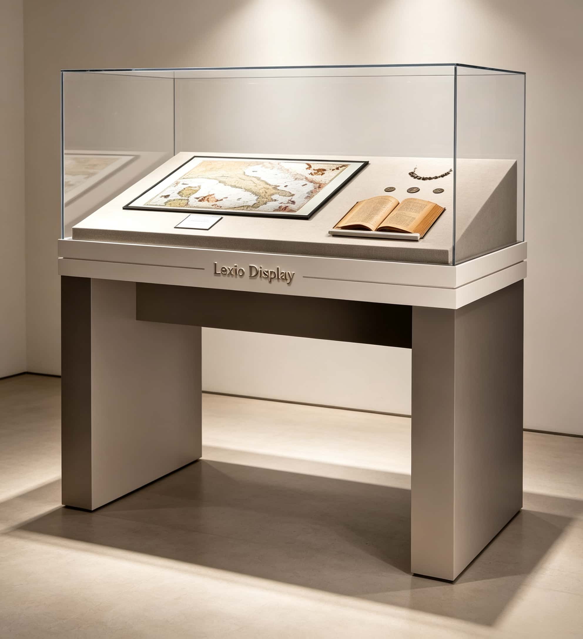 Freestanding museum display case with sloped interior platform and clear glass Lexio Display for antique maps, manuscripts and historical document exhibition