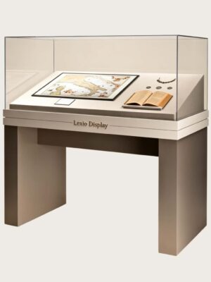 museum display cabinet (7) Freestanding museum display case with sloped interior platform and clear glass Lexio Display for antique maps, manuscripts and historical document exhibition