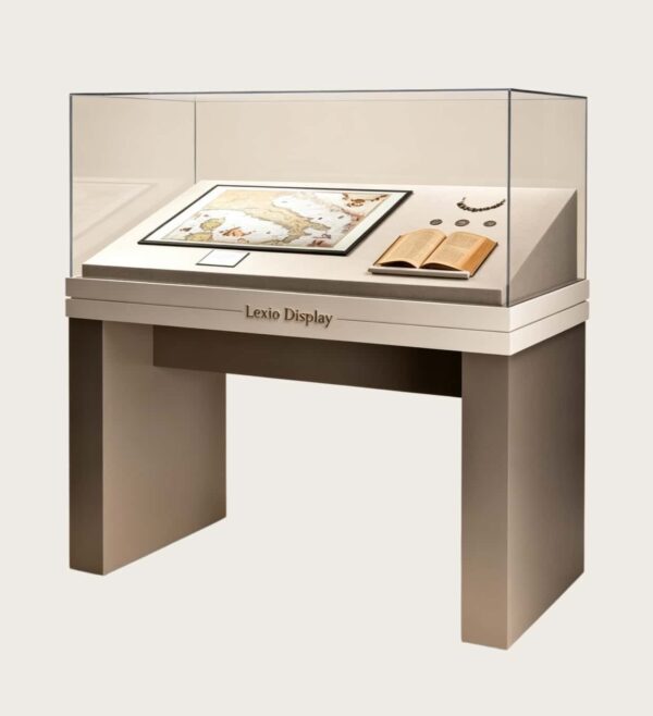 Freestanding museum display case with sloped interior platform and clear glass Lexio Display for antique maps, manuscripts and historical document exhibition