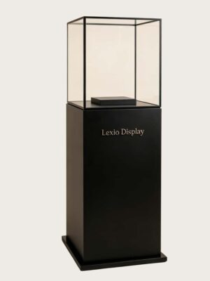 museum display cabinet (8) Tall black display pedestal with slim thin black frame clear glass cube cover Lexio Display for sculpture bust and artwork exhibition