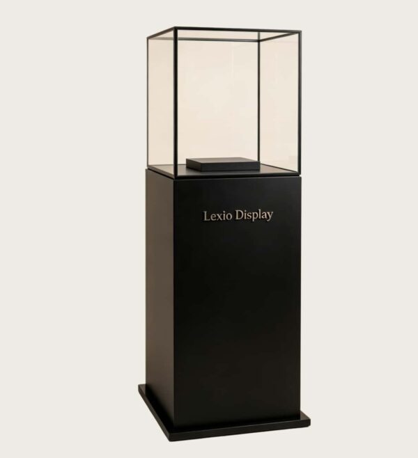 museum display cabinet (8) Tall black display pedestal with slim thin black frame clear glass cube cover Lexio Display for sculpture bust and artwork exhibition
