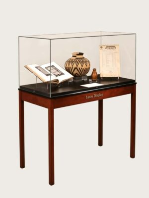 museum display cabinet (8) Freestanding museum display case with solid wood legs, clear glass enclosure and black top Lexio Display for pottery, antique books and cultural relic exhibition
