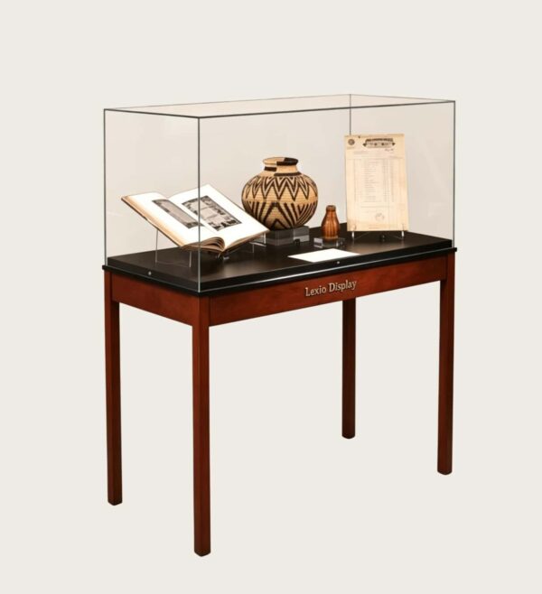 museum display cabinet (8) Freestanding museum display case with solid wood legs, clear glass enclosure and black top Lexio Display for pottery, antique books and cultural relic exhibition