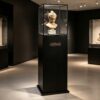 museum display cabinet (9) Tall black display pedestal with slim thin black frame clear glass cube cover Lexio Display for sculpture bust and artwork exhibition