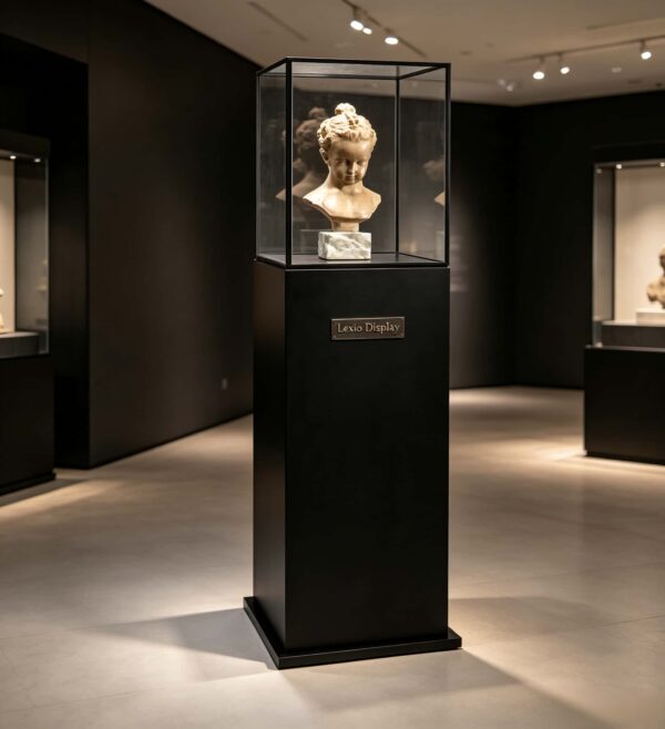 museum display cabinet (9) Tall black display pedestal with slim thin black frame clear glass cube cover Lexio Display for sculpture bust and artwork exhibition