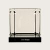 Square clear acrylic display box with adjustable upright LED spotlights and gloss black base Lexio Display for sculpture, antiques and collectibles exhibition