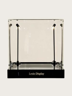 museum display cabinet (9) Square clear acrylic display box with adjustable upright LED spotlights and gloss black base Lexio Display for sculpture, antiques and collectibles exhibition