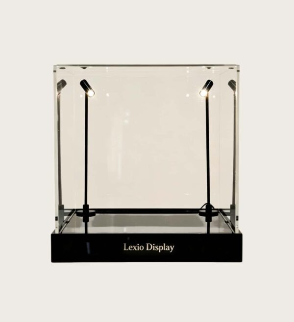 Square clear acrylic display box with adjustable upright LED spotlights and gloss black base Lexio Display for sculpture, antiques and collectibles exhibition
