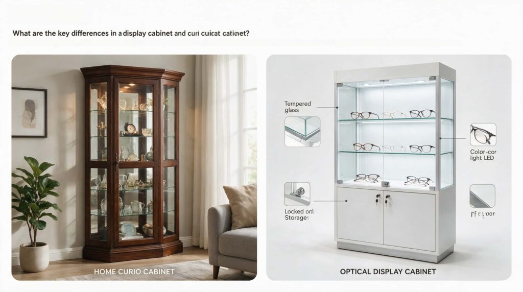 What are the key differences between a display cabinet and a curio cabinet?