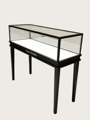 phone display cabinet (1) Black tall four leg pedestal glass phone display case LED light base mobile phone showcase counter Lexio Display