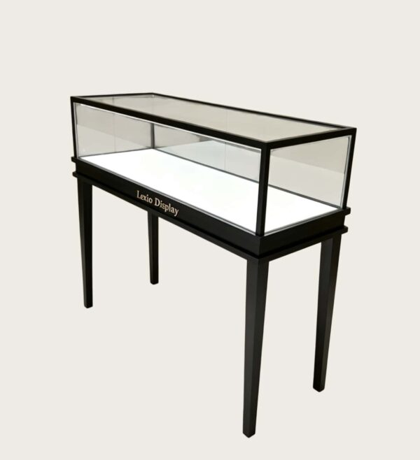 Black tall four leg pedestal glass phone display case LED light base mobile phone showcase counter Lexio Display