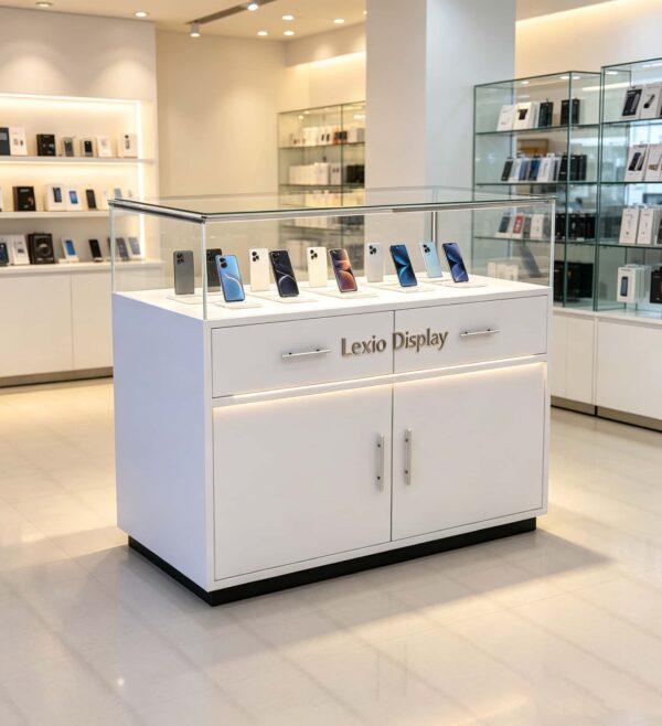 White glass top mobile phone island display counter with drawers storage cabinet and LED light Lexio Display
