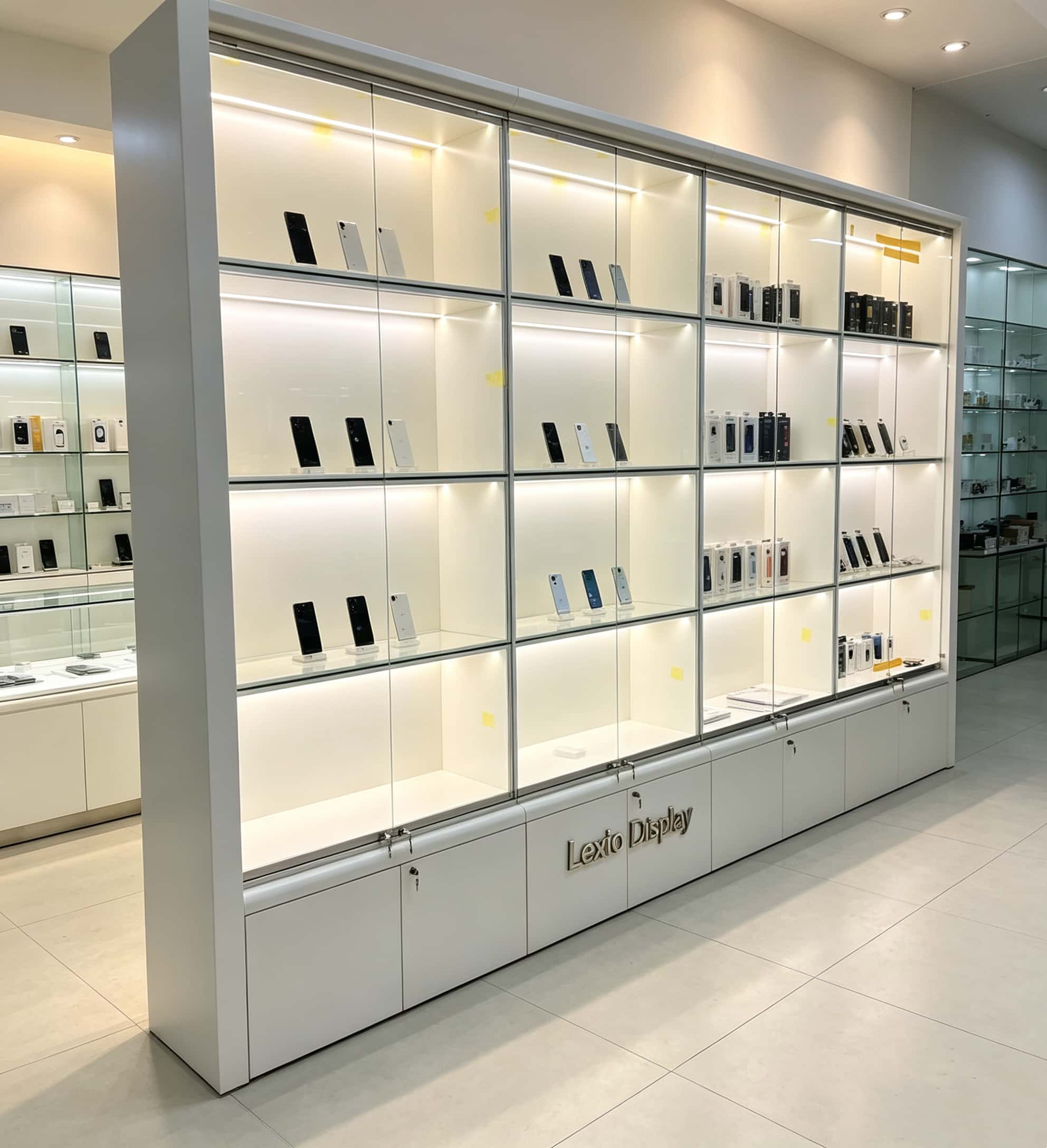 White modular grid tall wall display cabinet sliding glass doors LED lighting lockable lower cabinets Lexio Display