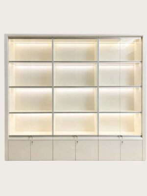 phone display cabinet (12) White modular grid tall wall display cabinet sliding glass doors LED lighting lockable lower cabinets Lexio Display
