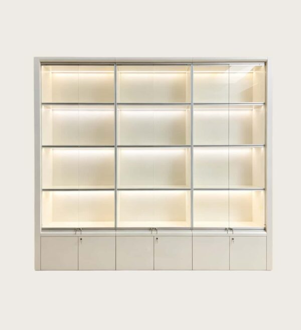 phone display cabinet (12) White modular grid tall wall display cabinet sliding glass doors LED lighting lockable lower cabinets Lexio Display