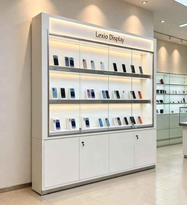 phone display cabinet (13) White tall wall display cabinet straight front glass top LED light custom Lexio Display logo lockable base cabinets for mobile phone shop