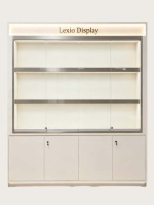phone display cabinet (14) White tall wall display cabinet straight front glass top LED light custom Lexio Display logo lockable base cabinets for mobile phone shop