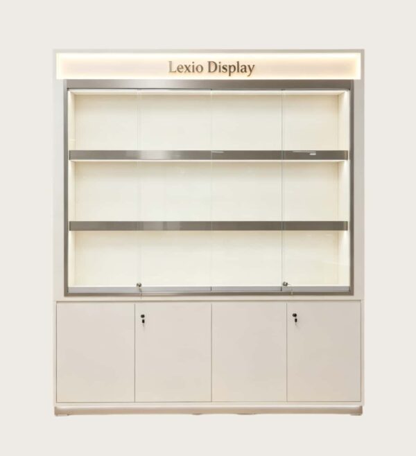 phone display cabinet (14) White tall wall display cabinet straight front glass top LED light custom Lexio Display logo lockable base cabinets for mobile phone shop