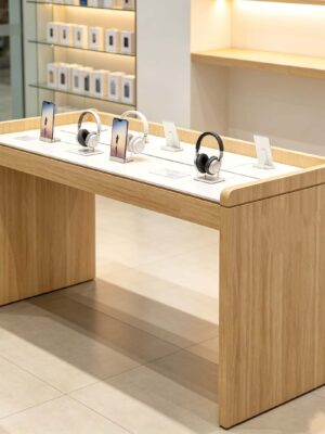 phone display cabinet (18) Minimalist light wood long open display table white top for smartphone and headphone showcase Lexio Display custom furniture