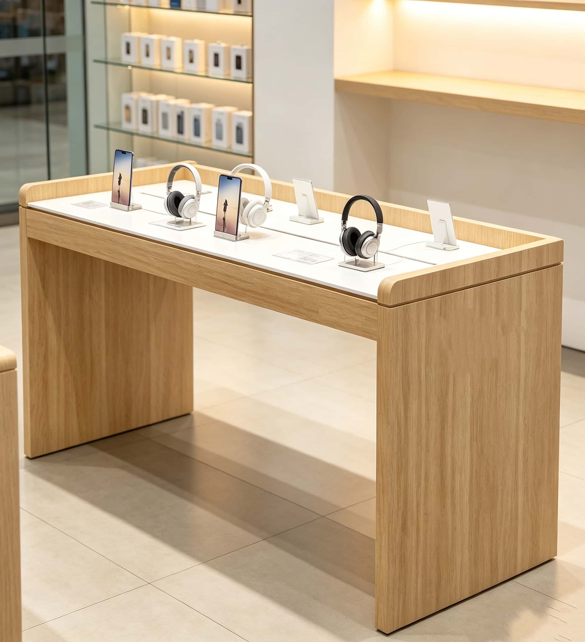 Minimalist light wood long open display table white top for smartphone and headphone showcase Lexio Display custom furniture