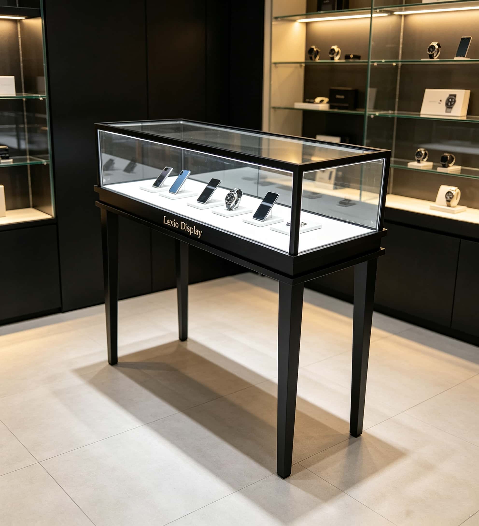 Black tall four leg pedestal glass phone display case LED light base mobile phone showcase counter Lexio Display