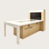phone display cabinet (22) Wood grain retail demo island display table with built‑in TV screen light box and storage cabinet Lexio Display for camera electronics store
