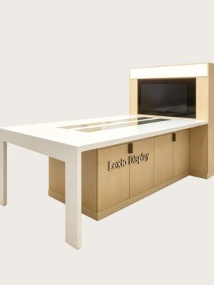 phone display cabinet (22) Wood grain retail demo island display table with built‑in TV screen light box and storage cabinet Lexio Display for camera electronics store