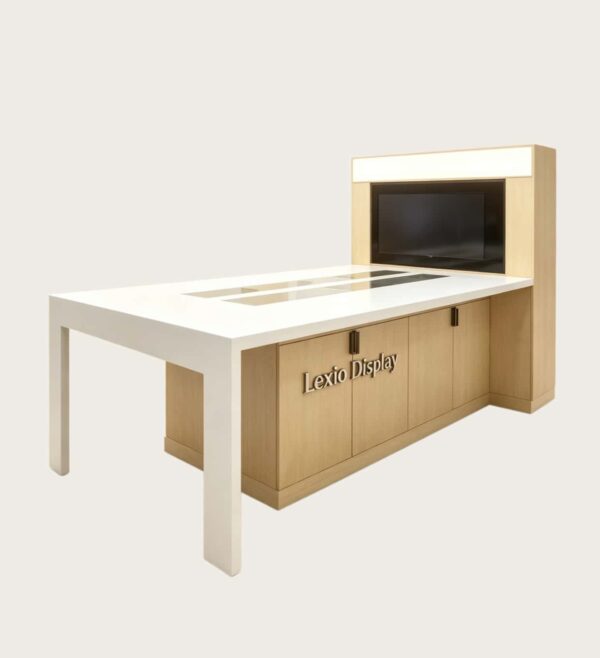 phone display cabinet (22) Wood grain retail demo island display table with built‑in TV screen light box and storage cabinet Lexio Display for camera electronics store