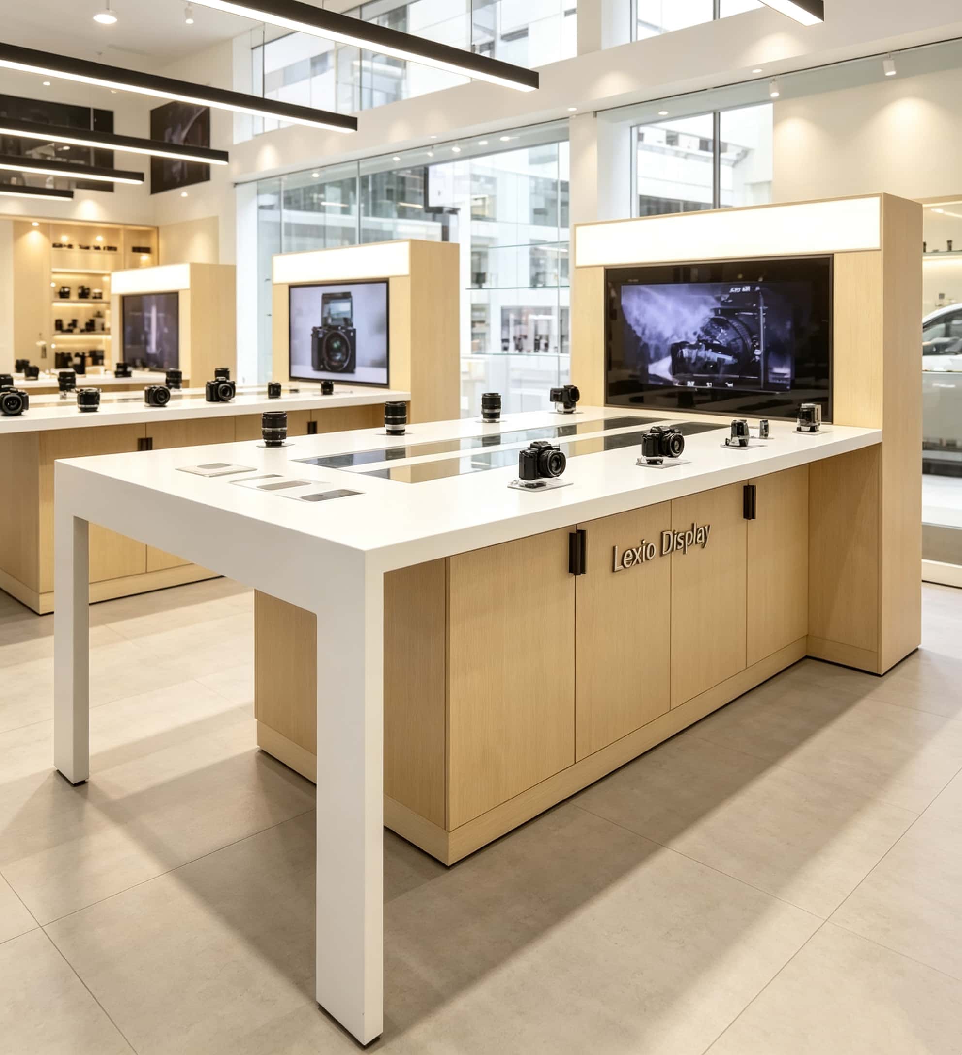 Wood grain retail demo island display table with built‑in TV screen light box and storage cabinet Lexio Display for camera electronics store
