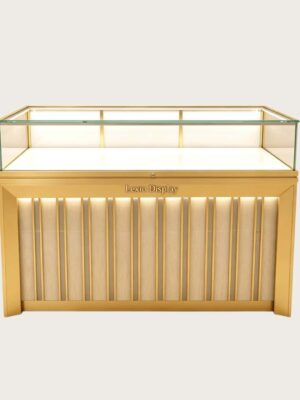 phone display cabinet (26) Luxury gold vertical slat glass display counter built‑in LED lighting lockable custom Lexio Display logo for watch and electronics store