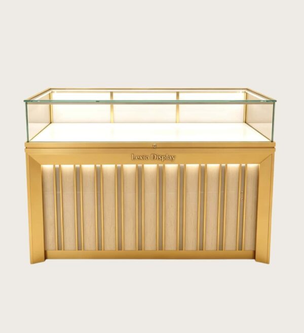 phone display cabinet (26) Luxury gold vertical slat glass display counter built‑in LED lighting lockable custom Lexio Display logo for watch and electronics store