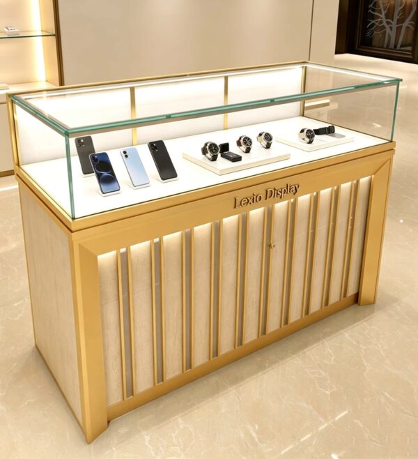 phone display cabinet (27) Luxury gold vertical slat glass display counter built‑in LED lighting lockable custom Lexio Display logo for watch and electronics store