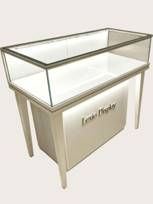 phone display cabinet (28) Slant top glass display counter with tapered high legs built‑in LED lighting custom metal logo Lexio Display for electronics retail