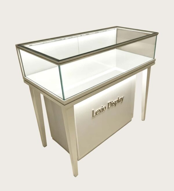 phone display cabinet (28) Slant top glass display counter with tapered high legs built‑in LED lighting custom metal logo Lexio Display for electronics retail