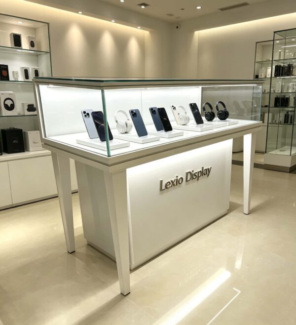 phone display cabinet (29) Slant top glass display counter with tapered high legs built‑in LED lighting custom metal logo Lexio Display for electronics retail
