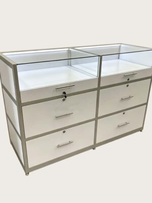 phone display cabinet (4) White dual compartment glass mobile phone island display counter with LED light and lockable drawers Lexio Display