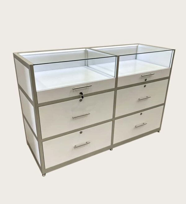 phone display cabinet (4) White dual compartment glass mobile phone island display counter with LED light and lockable drawers Lexio Display