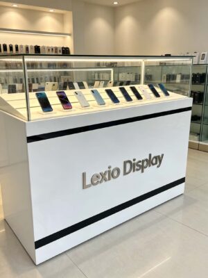 phone display cabinet (5) White floor standing mobile phone glass display counter with black stripes LED slanted showcase brand logo panel Lexio Display