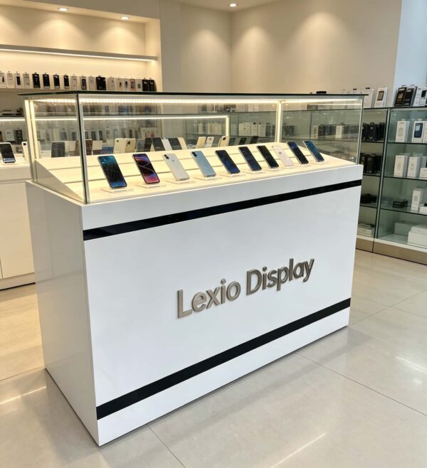 White floor standing mobile phone glass display counter with black stripes LED slanted showcase brand logo panel Lexio Display