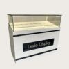 White floor standing mobile phone glass display counter with black stripes LED slanted showcase brand logo panel Lexio Display