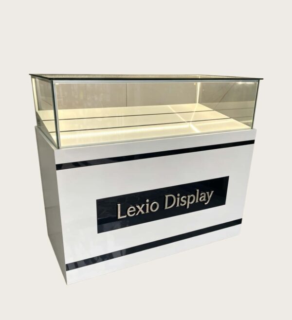 White floor standing mobile phone glass display counter with black stripes LED slanted showcase brand logo panel Lexio Display