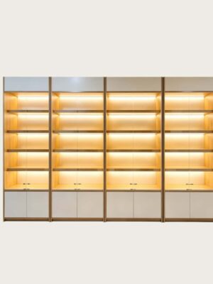 phone display cabinet (7) Modular combined wood frame tall LED backlit wall display cabinet with white storage base Lexio Display