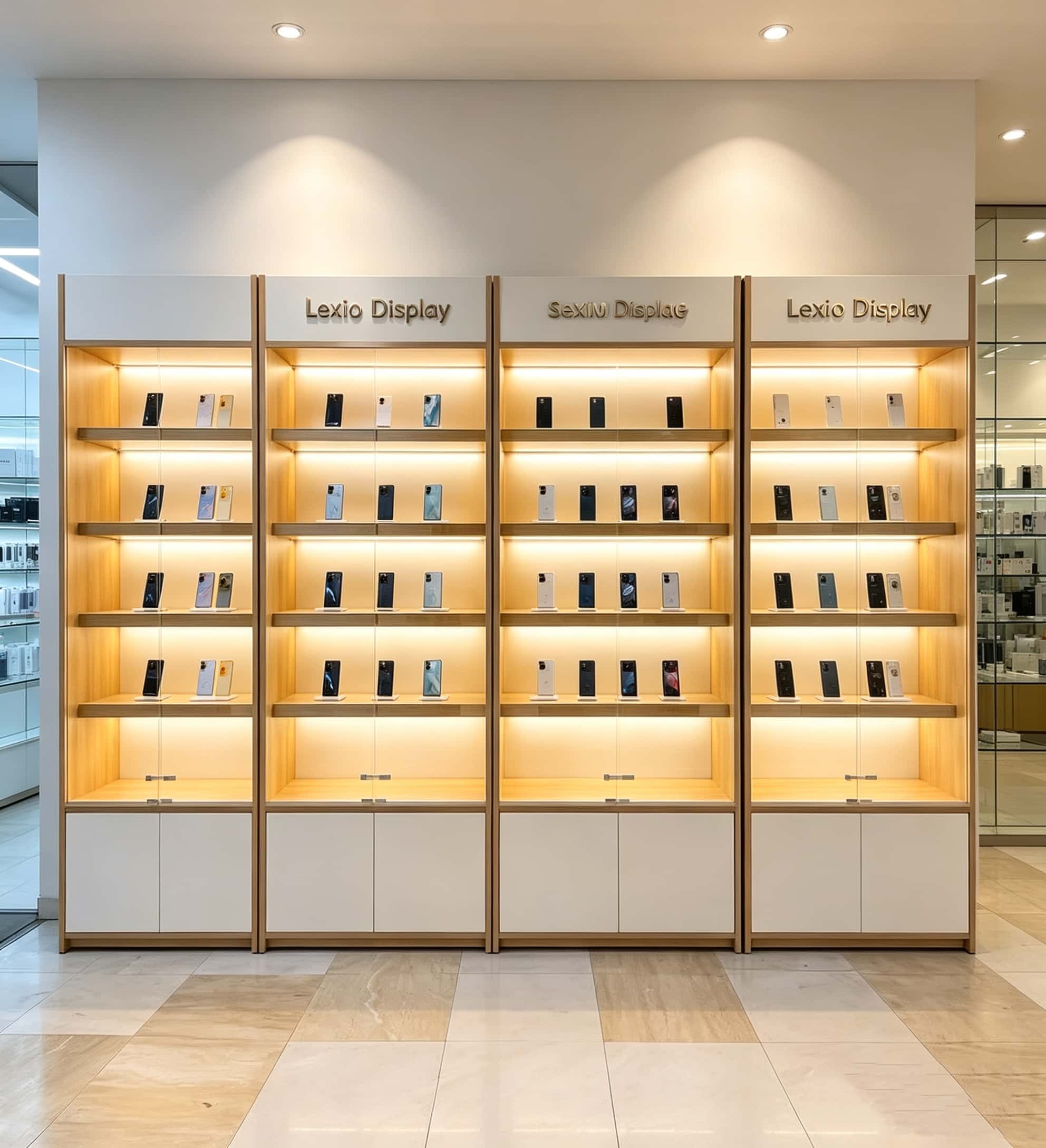 Modular combined wood frame tall LED backlit wall display cabinet with white storage base Lexio Display