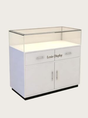 phone display cabinet (9) White glass top mobile phone island display counter with drawers storage cabinet and LED light Lexio Display