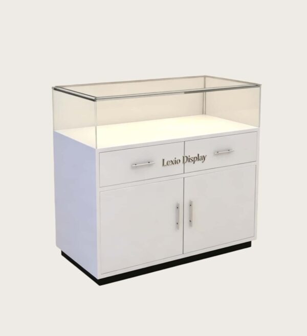 White glass top mobile phone island display counter with drawers storage cabinet and LED light Lexio Display