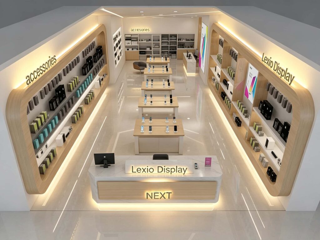 Overhead view of modern mobile phone store interior with central glass display islands, wooden curved accessory walls, and luminous flooring.