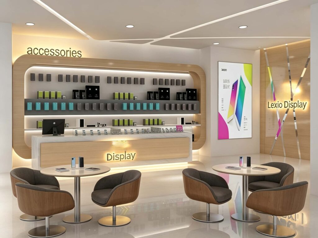 Wooden round consultation tables with swivel chairs placed in front of a large colorful brand wall poster inside a mobile phone store.